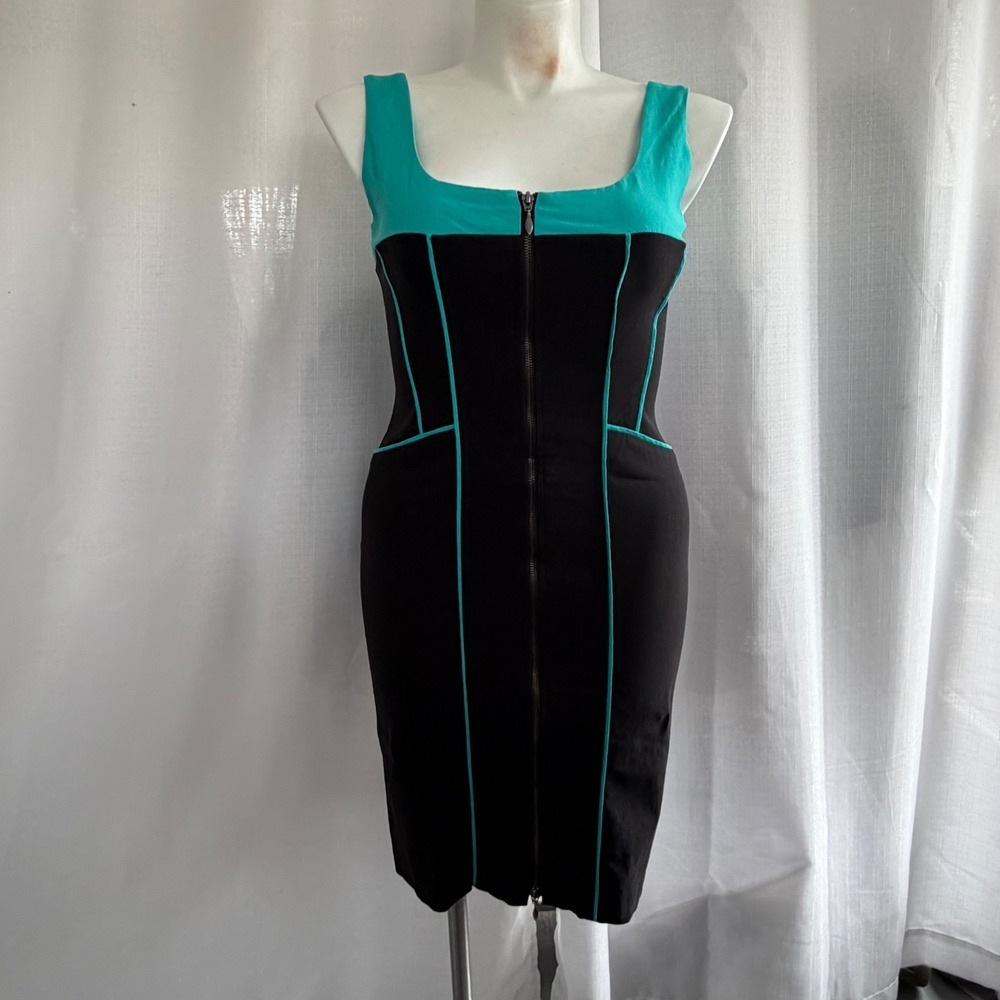 Joseph Ribkoff Colorblock Sheath Dress Size 10 Black Teal Zip Front Bodycon‎